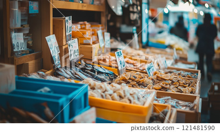 A scene from a lively morning market where seafood is lined up 121481590