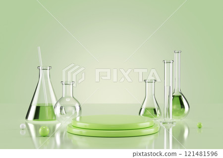 Lab glass scientific equipment set with chemical apparatus - flasks, beakers, test tubes near round green podium platform. Medical research 3d render mockup on green background with decorative balls. Lab glass scientific equipment set with chemical apparatus - flasks, beakers, test tubes near round green podium platform. Medical research 3d render mockup on green background with decorative balls. 121481596