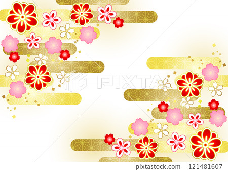 日本麻葉雲圖案花背景，垂直，春天，紅色，可愛，插圖，水平 121481607