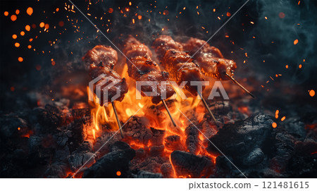 Charcoal grilled pork skewers with rising smoke and sparks Charcoal grilled pork skewers with rising smoke and sparks 121481615