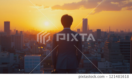 夕陽下,在辦公大樓的屋頂上展望未來。 夕陽下,在辦公大樓的屋頂上展望未來。 121481618