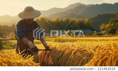 日本農民在早晨稻田收割水稻 日本農民在早晨稻田收割水稻 121481619