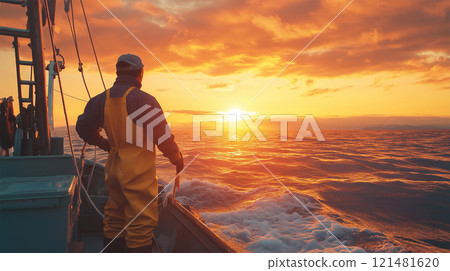A Japanese fisherman facing the sea at dusk on a fishing boat 121481620