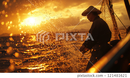 Japanese fishermen working in the sunset 121481621