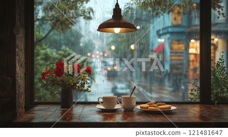 雨天咖啡館裡靠窗的桌子 雨天咖啡館裡靠窗的桌子 121481647