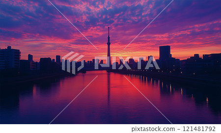 黃昏的晴空塔和河邊的寂靜 121481792