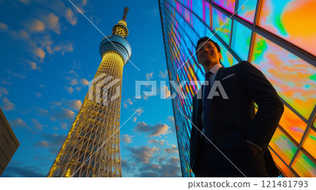 Skytree at night and a smiling man in a suit Skytree at night and a smiling man in a suit 121481793