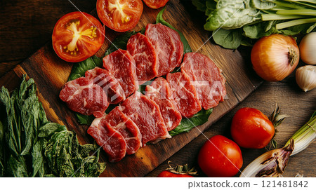 Natural light reflects off the grilled meat and fresh vegetables. 121481842