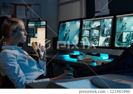 Watching cctv video at lunch break Watching cctv video at lunch break 121481990