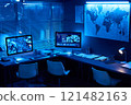 Desks with computer monitors in office 121482163