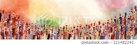 Group of people with raised hands holding a red heart on a watercolor background 121482241