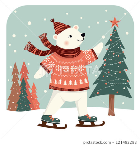 Polar bear on the background of Christmas trees. illustration, postcard 121482288