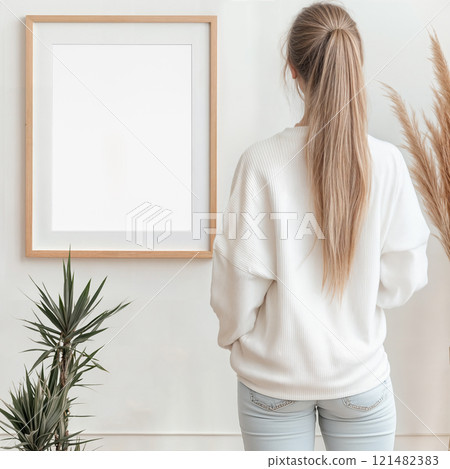 Girl Viewing Empty Frame - Art Mockup Girl Viewing Empty Frame - Art Mockup 121482383