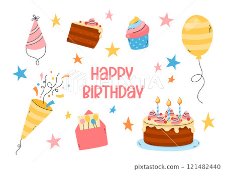 Happy Birthday greeting card. Vector illustration. Cute fun elements. Funny flat colorful hand drawn kid bday card design 121482440