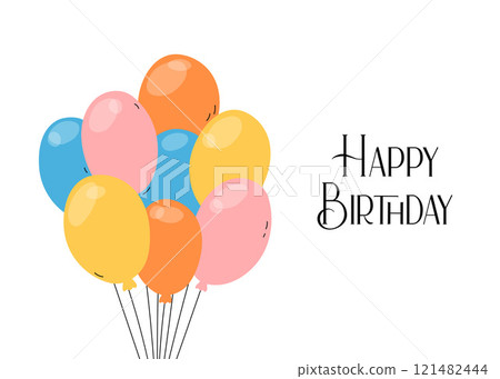 Cute Happy Birthday horizontal greeting card. Vector illustration. Colorful balloons bunch. Funny flat colorful hand drawn kid bday card design Cute Happy Birthday horizontal greeting card. Vector illustration. Colorful balloons bunch. Funny flat colorful hand drawn kid bday card design 121482444