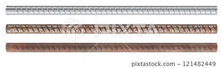 Construction Armature Bars. New, rusty corroded armature bar and old rusty armature bar. 3D rendering Construction Armature Bars. New, rusty corroded armature bar and old rusty armature bar. 3D rendering 121482449