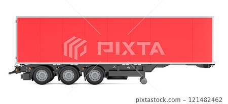 Red isothermal semi-trailer. Side view, 3D rendering Red isothermal semi-trailer. Side view, 3D rendering 121482462