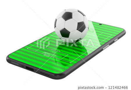 Smartphone with football field and soccer ball. Online sport bets, watching soccer or soccer video game, concept. 3D rendering Smartphone with football field and soccer ball. Online sport bets, watching soccer or soccer video game, concept. 3D rendering 121482466