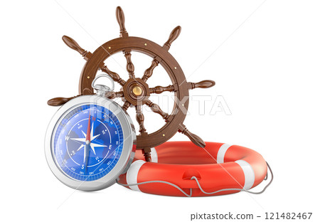 Steering wheel ship, lifebuoy, and compass. 3D rendering 121482467