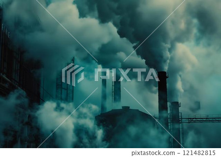 Industrial chimney releasing smoke into cloudy sky. Air pollution and global warming concept Industrial chimney releasing smoke into cloudy sky. Air pollution and global warming concept 121482815