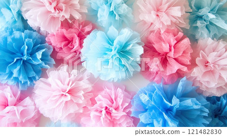 Colorful tissue paper flowers pattern in pink and blue hues. 121482830