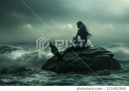A mermaid sitting on a rock by the ocean. Generative AI. A mermaid sitting on a rock by the ocean. Generative AI. 121482960
