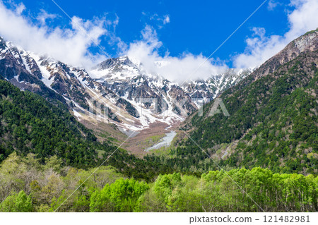 Early summer on the Kamikochi Nature Trail: Early morning forest walk, Okuhotakadake seen from Konashidaira 121482981