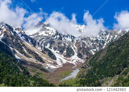 初夏的上高地自然步道、清晨的森林浴、從小西平看到的奧穗高山 121482983