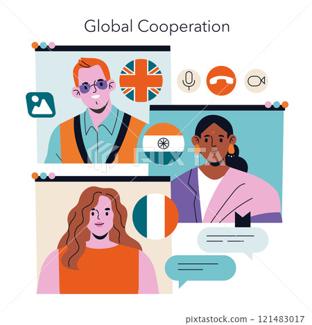 Global Cooperation concept. Diverse team connecting virtually for international collaboration. Cultural exchange and teamwork across borders. Vector illustration. 121483017