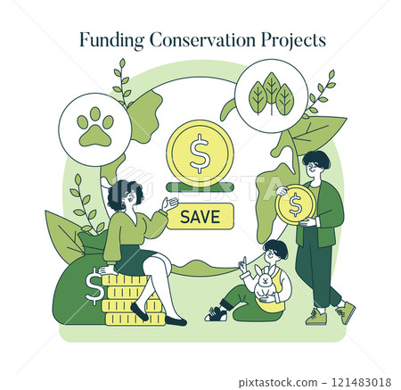 Ecosystem Conservation concept. Illustration of financial support for green initiatives and wildlife preservation. Saving funds for environmental projects. Vector illustration. 121483018