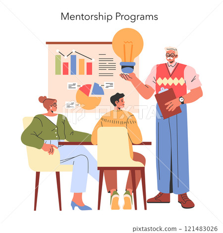 Mentorship concept. Senior mentor shares knowledge with young professionals using visual aids and hands-on guidance. Nurturing growth and success. Vector illustration. Mentorship concept. Senior mentor shares knowledge with young professionals using visual aids and hands-on guidance. Nurturing growth and success. Vector illustration. 121483026