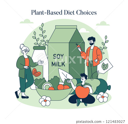 Conscious Consumption concept. People selecting plant-based food options, highlighting soy milk and vegetables. Sustainable living and healthy eating. Vector illustration. 121483027