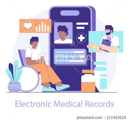 Healthtech concept. Digital interface facilitates patient-doctor interactions and electronic medical records management. Vector illustration. 121483028