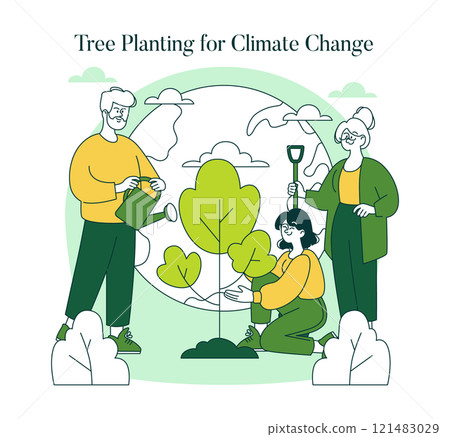 Green Lifestyle concept. Individuals planting trees to combat climate change, nurturing nature and promoting environmental awareness. Vector illustration. 121483029