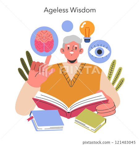 Perennial People concept. Elderly man surrounded by symbols of knowledge, intellect and insight. Lifelong learning and wisdom illustration. Vector illustration. 121483045