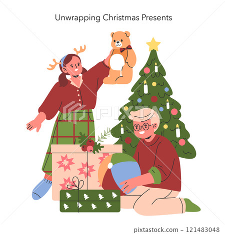 Christmas Family illustration. Two siblings celebrate opening presents under a festive tree. Joyful holiday moments with gifts and ornaments. Vector illustration. Christmas Family illustration. Two siblings celebrate opening presents under a festive tree. Joyful holiday moments with gifts and ornaments. Vector illustration. 121483048