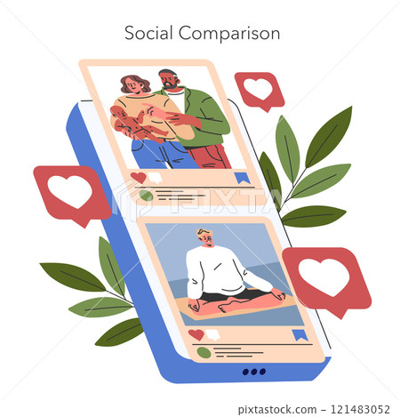 Social comparison concept on a digital platform, reflecting self-assessment through social media likes. Online presence influence and validation. Vector illustration. Social comparison concept on a digital platform, reflecting self-assessment through social media likes. Online presence influence and validation. Vector illustration. 121483052