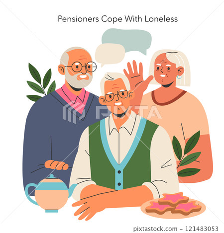 Elderly companionship concept. Senior friends socializing to combat loneliness, creating joyful moments together. Tea time bonding and support. Vector illustration. Elderly companionship concept. Senior friends socializing to combat loneliness, creating joyful moments together. Tea time bonding and support. Vector illustration. 121483053