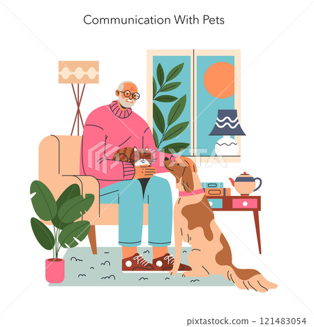 Senior man enjoying company of his cat and dog in a cozy living room setting. Bonding moments with pets. Vector illustration. 121483054
