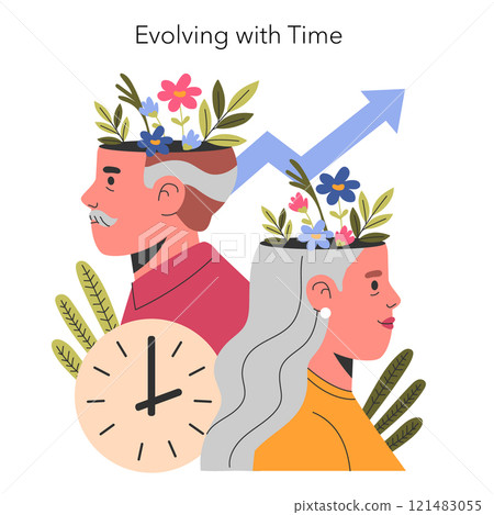 Perennial People concept. Generations thriving over time, represented by two figures adorned with flora. Progress and continuity as central themes. Vector illustration. 121483055