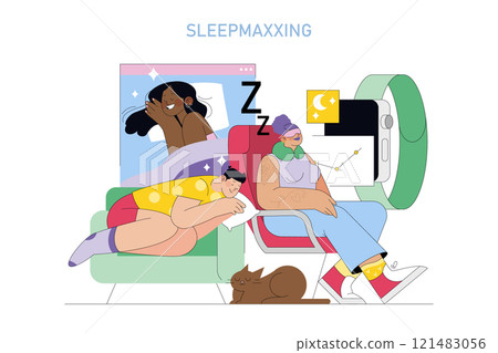 Sleepmaxxing concept. Improving sleep quality for better health. People experiencing optimized rest with the help of technology and comfort. Vector illustration. 121483056