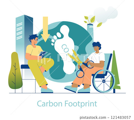 Carbon Footprint concept. Two people engaging in eco-friendly activities to reduce CO2 emissions. Urban background with greenery. Vector illustration. 121483057