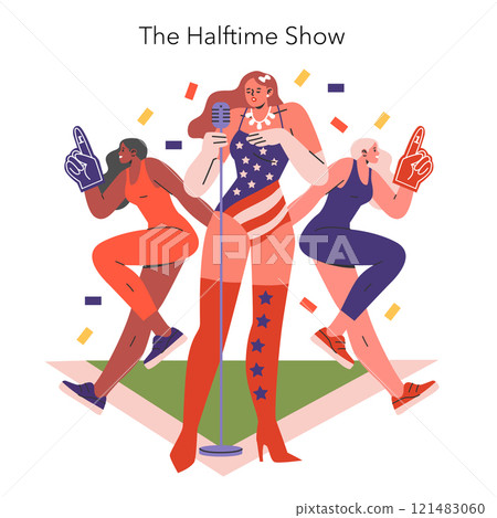 Super Bowl concept. Performers at the spirited halftime show, celebrating football and entertainment. Dynamic music and sports fusion. Vector illustration. Super Bowl concept. Performers at the spirited halftime show, celebrating football and entertainment. Dynamic music and sports fusion. Vector illustration. 121483060