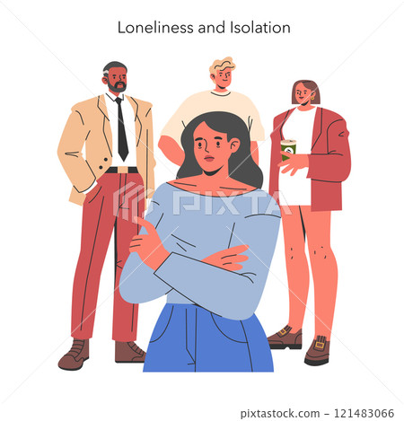 Loneliness concept. Woman feeling isolated in a crowd, portraying emotional disconnection and solitude. Depiction of personal crisis. Vector illustration. Loneliness concept. Woman feeling isolated in a crowd, portraying emotional disconnection and solitude. Depiction of personal crisis. Vector illustration. 121483066