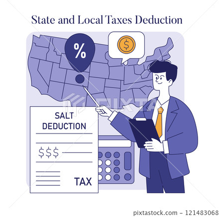 Tax Deduction concept. A professional explains state and local tax deductions over a US map, with percentage icons and calculator. Vector illustration. Tax Deduction concept. A professional explains state and local tax deductions over a US map, with percentage icons and calculator. Vector illustration. 121483068