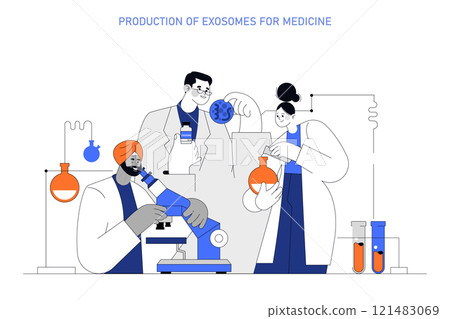 Exosome production for medicine concept. Scientists researching cellular structures for medical applications. Laboratory teamwork, advanced biotechnology research. Vector illustration. 121483069