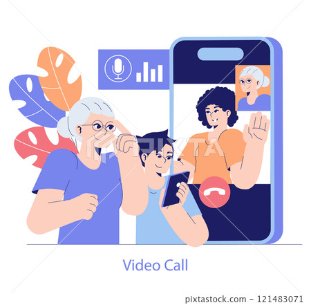 Intergenerational tech assistance concept. A young boy helps his grandmother with a video call, connecting with family online. Digital communication across ages. Vector illustration. Intergenerational tech assistance concept. A young boy helps his grandmother with a video call, connecting with family online. Digital communication across ages. Vector illustration. 121483071