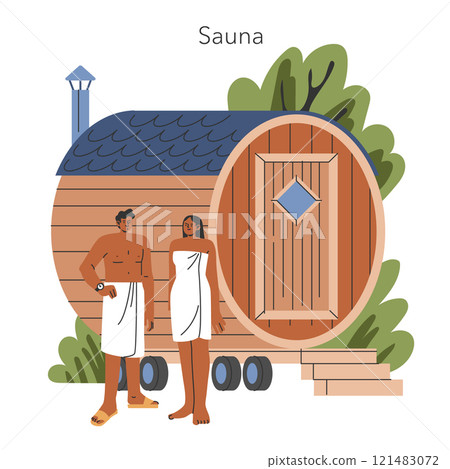 Wellness concept. A couple enjoying a serene moment outside a wooden sauna surrounded by greenery. Vector illustration. 121483072