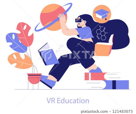 Edtech concept. Student using virtual reality for immersive learning experience with educational icons. Digital interactive education. Vector illustration. 121483073