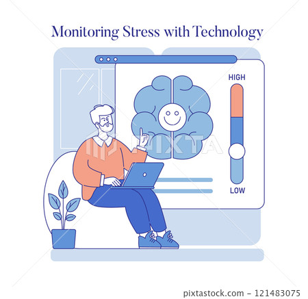 Work Burnout Prevention concept. Man using laptop with brain graphic indicating stress levels. Self-care with technology aid. Vector illustration. 121483075